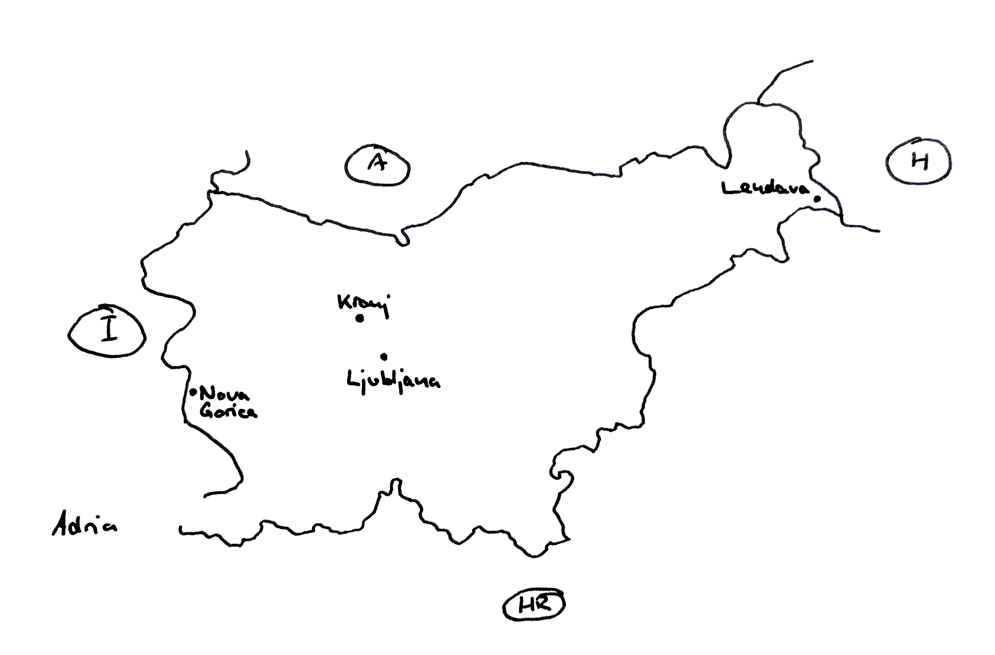 Grobe Skizze Sloweniens mit den vier Bewerberstädten