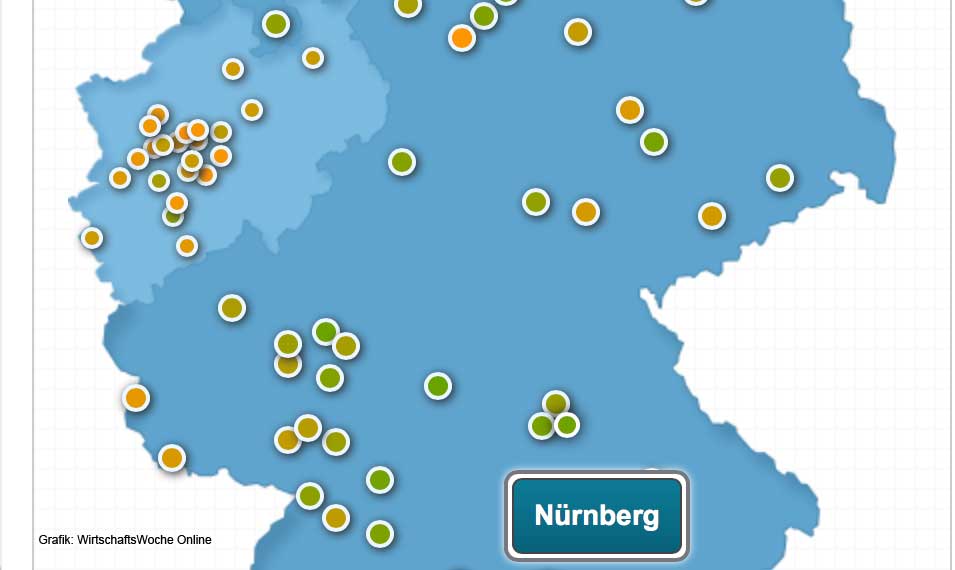 Ausschnitt Deutschlandkarte Städteranking mit Hervorhebung Nürnberg